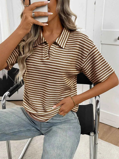 Sarah Express Women's Striped Waffle Knit Short Sleeve Top
