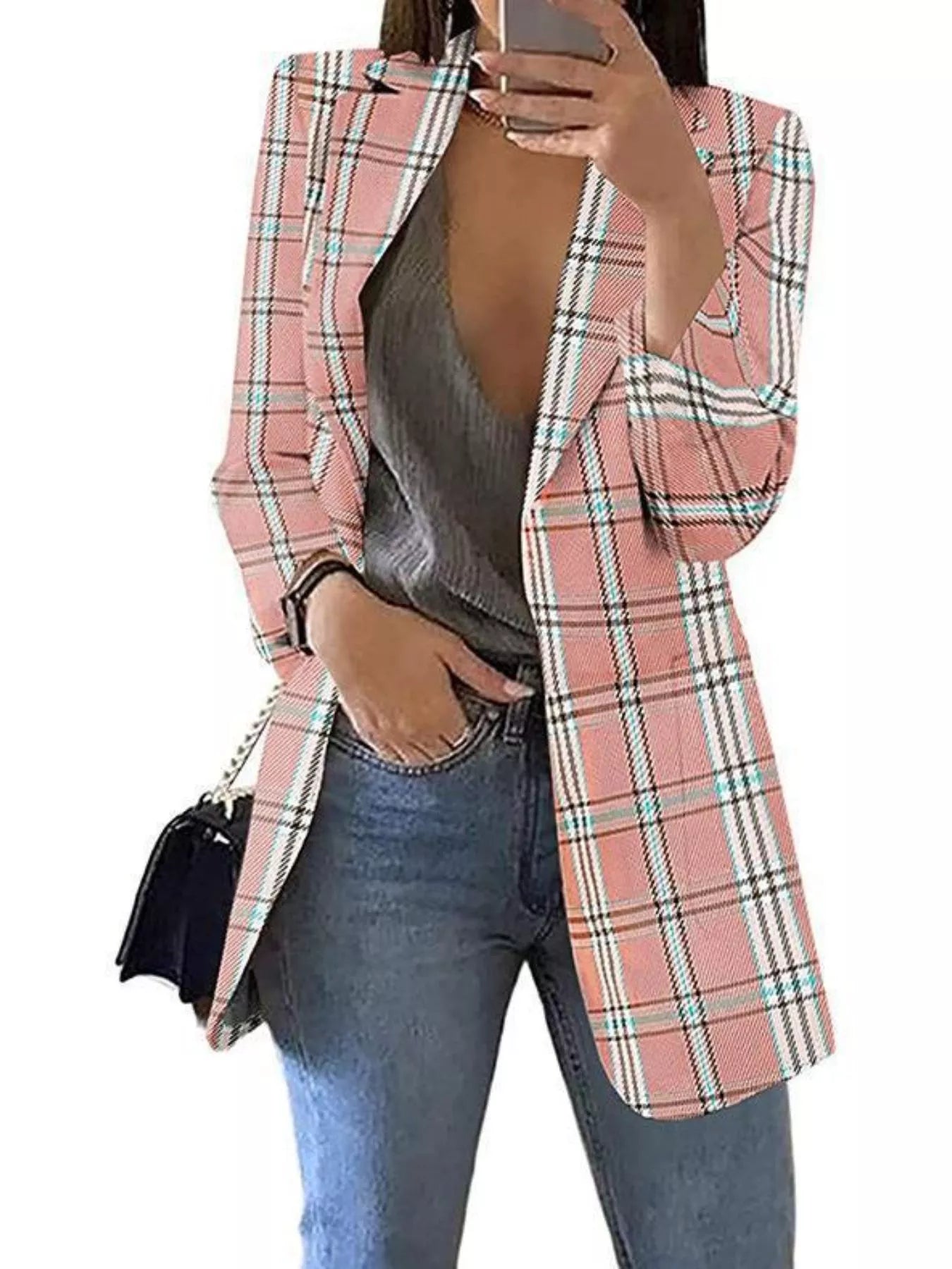 Sarah Express Women's Plaid Lapel Collar Blazer Dusty Pink