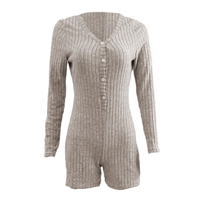 Sarah Express Women's Ribbed Knit Romper - Long Sleeve Slim Fit Jumpsuit Shorts