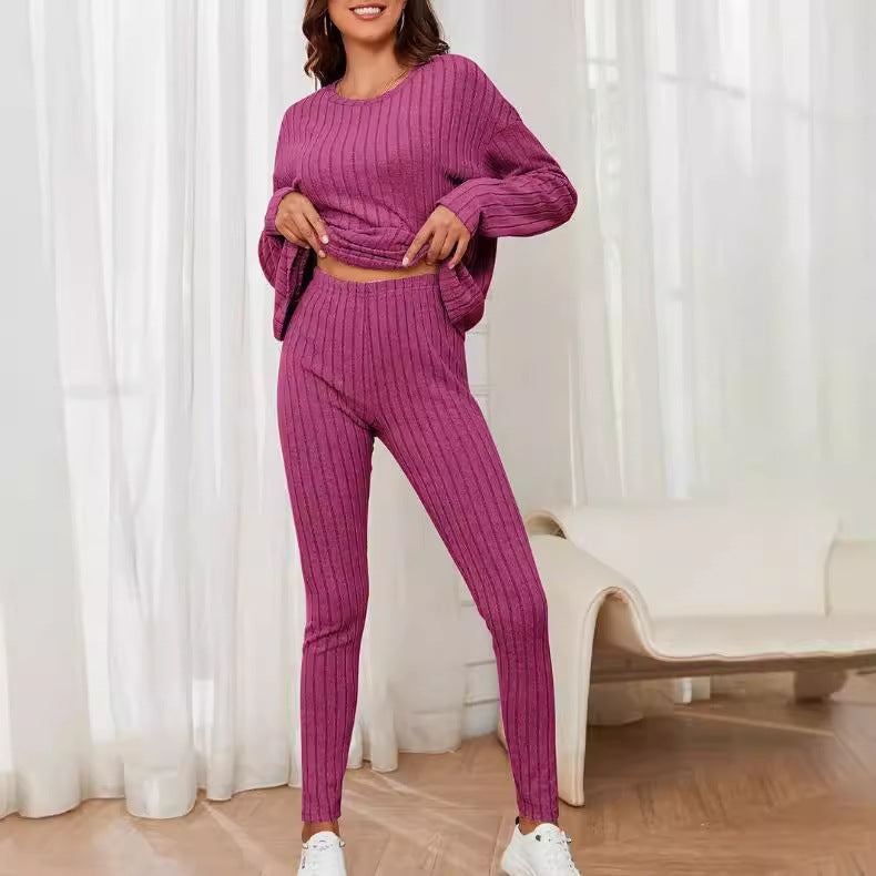 Sarah Express Women's Casual Cotton Two-Piece Matching Set Long Sleeve Top & Trousers