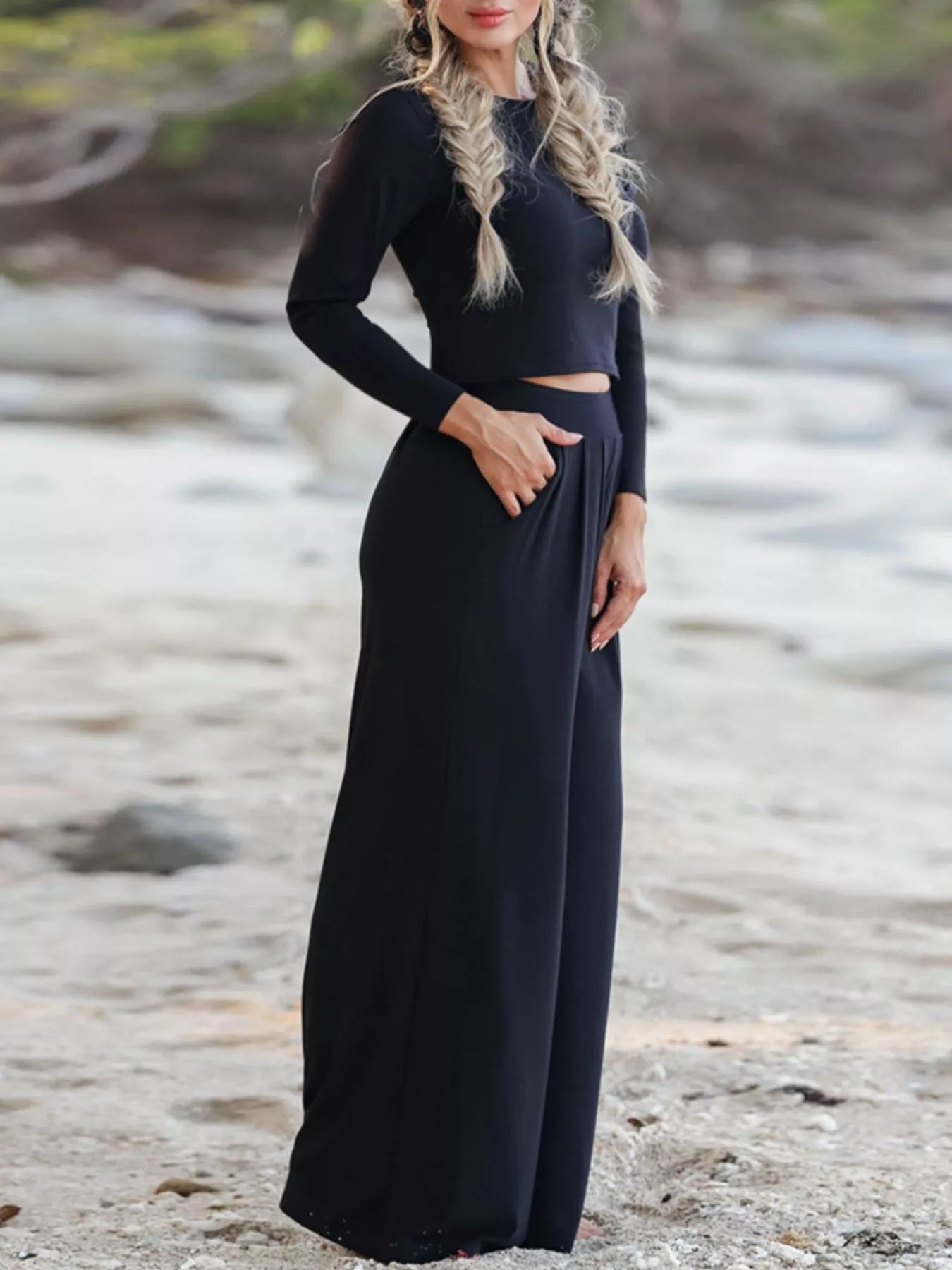 Sarah Express Women's Long Sleeve Crop Top and Wide Leg Pants Set Black