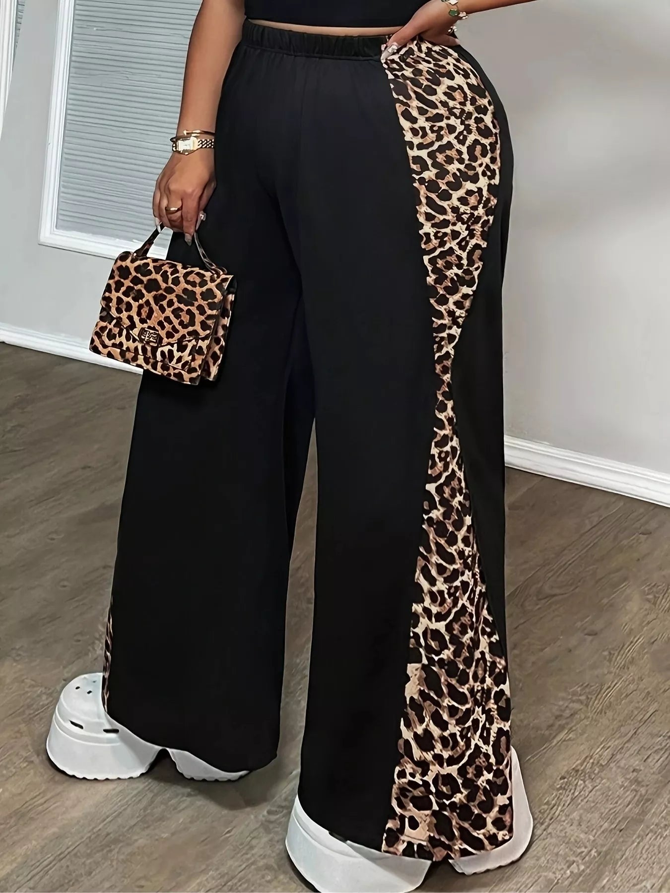 Sarah Express Women's Plus Size Leopard Print Wide Leg Pants Black