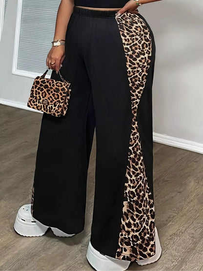 Sarah Express Women's Plus Size Leopard Print Wide Leg Pants Black