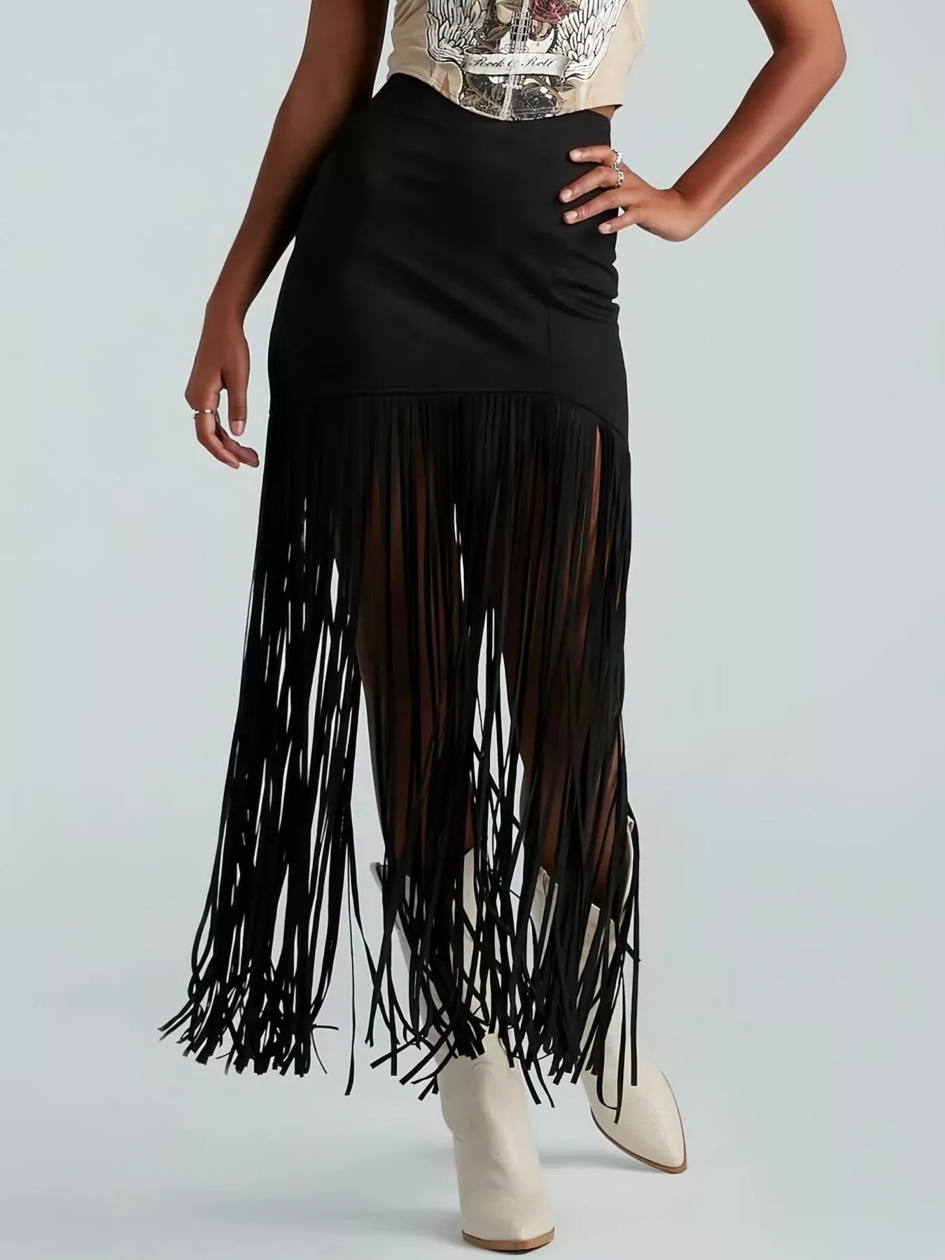 Sarah Express Women's Suede Fringe Skirt Zipper Western Boho Midi Skirt Black