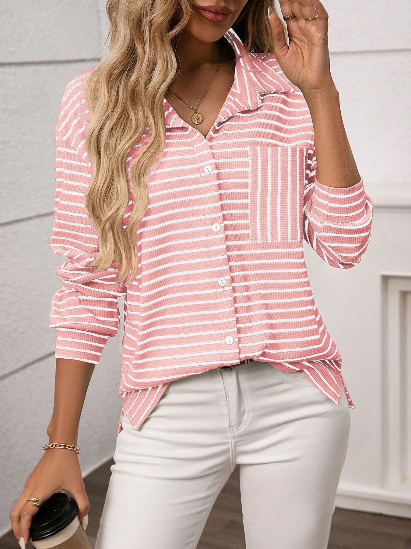 Sarah Express Women's Striped Button Up Long Sleeve Shirt