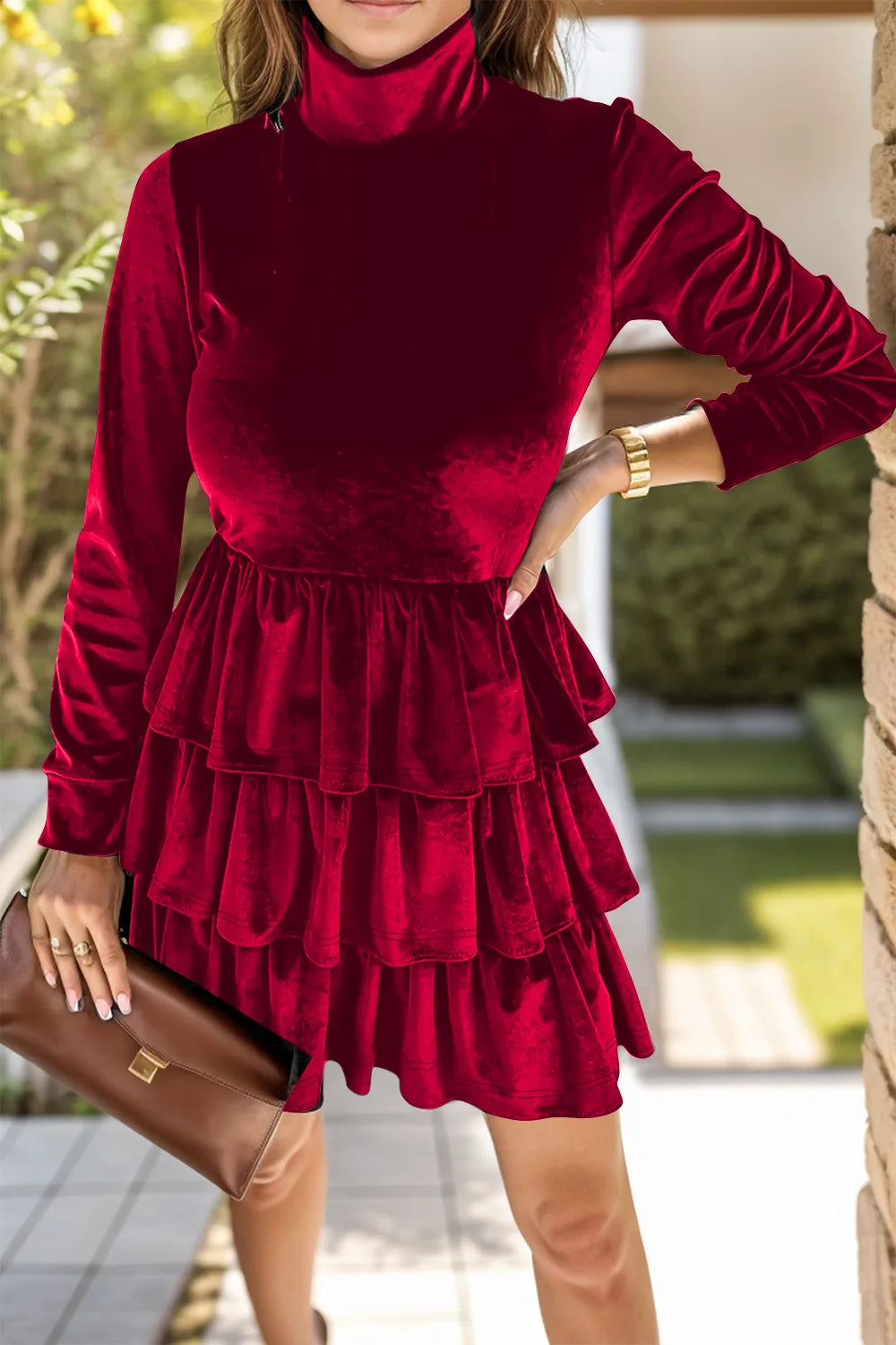 Sarah Express Women's Ruffled Layered Long Sleeve Mini Dress Burgundy