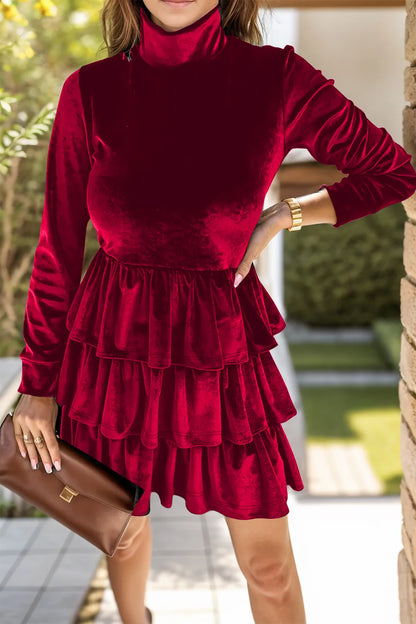 Sarah Express Women's Ruffled Layered Long Sleeve Mini Dress Burgundy