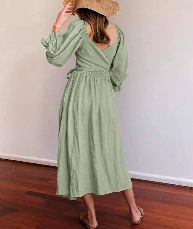 Sarah Express Women's Reversible V-Neck Dress Lantern Sleeve Mid-Length Polyester