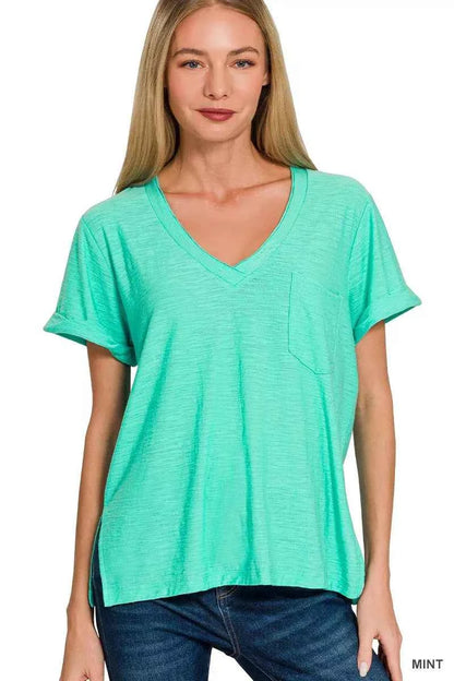 Sarah Express Women's Slub Rolled Short Sleeve V-Neck Tee - Casual Cotton Blend T-Shirt MINT