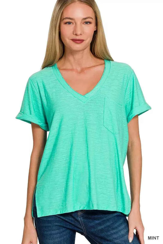 Sarah Express Women's Slub Rolled Short Sleeve V-Neck Tee - Casual Cotton Blend T-Shirt MINT