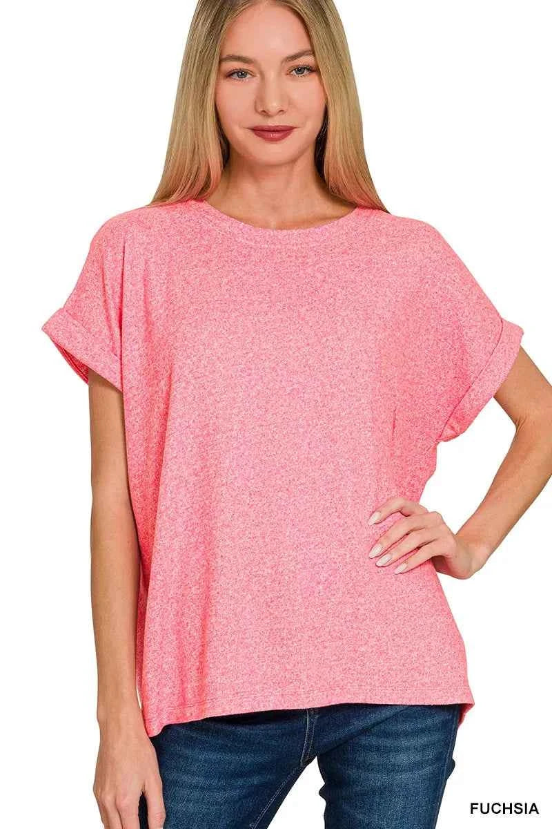 Sarah Express Women's Soft Melange Hacci Short Sleeve Round Neck Top FUCHSIA