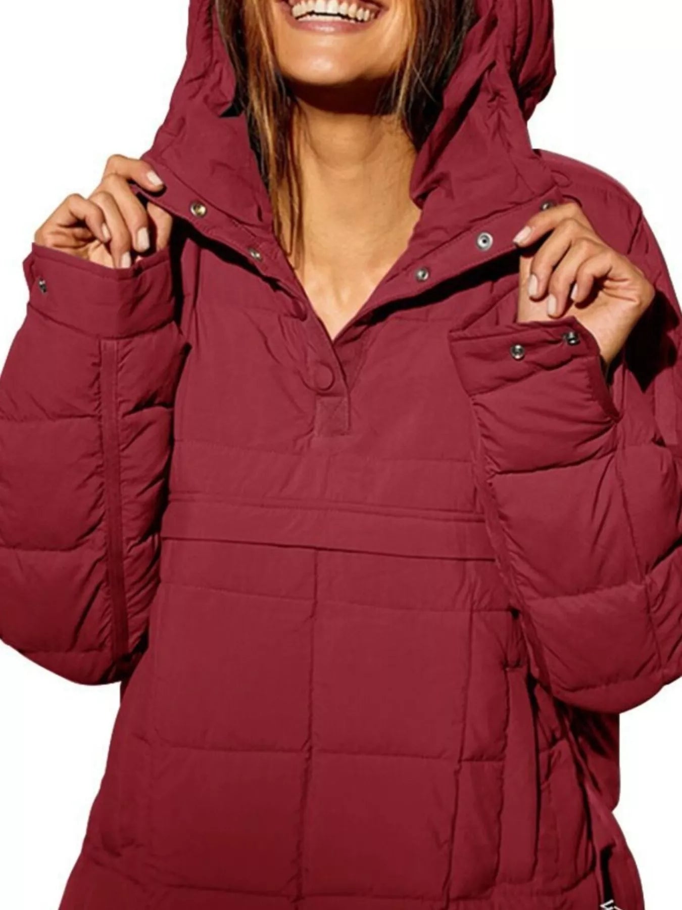 Sarah Express Women's Quarter Snap Hooded Puffer Jacket Burgundy