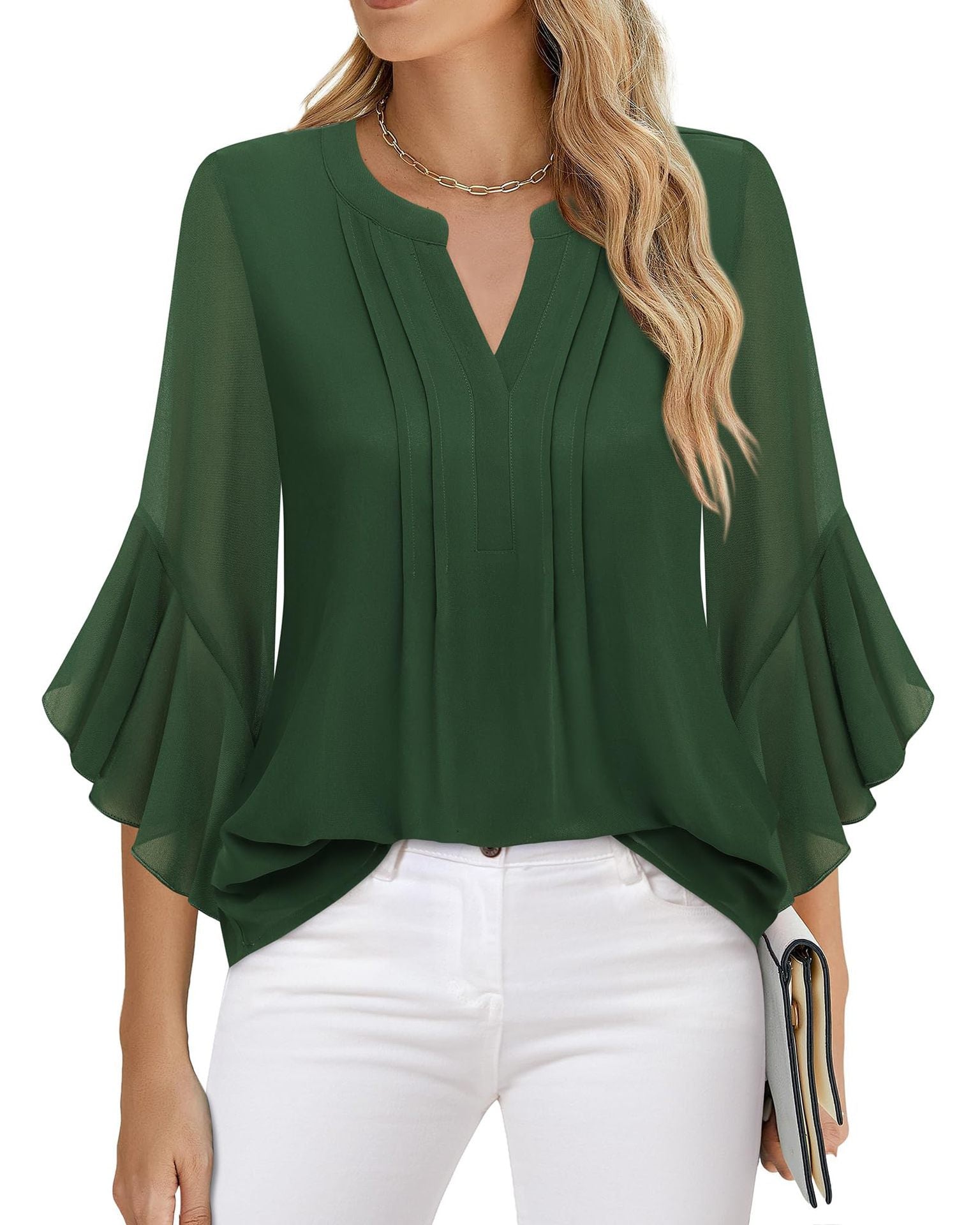 Sarah Express Women's Lotus Leaf Ruffle Sleeve Pullover Top Loose Fit 3/4 Sleeve