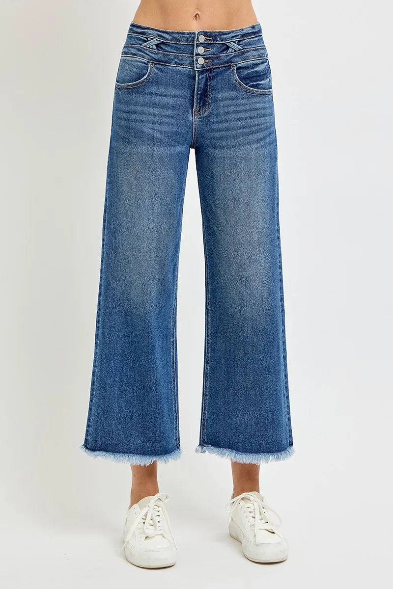 Sarah Express Women’s High Rise Crop Wide Leg Jeans with Wide Waistband
