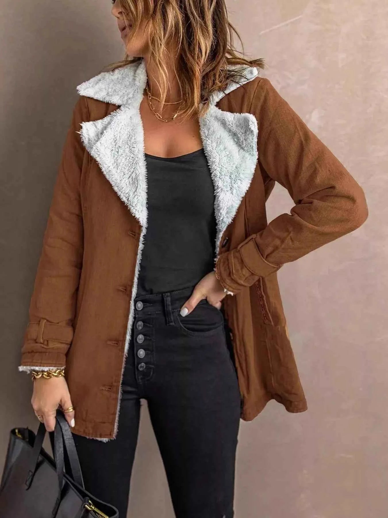 Sarah Express Women's Sherpa Lined Button Up Jacket - Cozy Fleece Outerwear Plus Size Brown