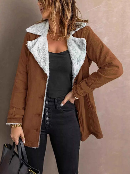 Sarah Express Women's Sherpa Lined Button Up Jacket - Cozy Fleece Outerwear Plus Size Brown