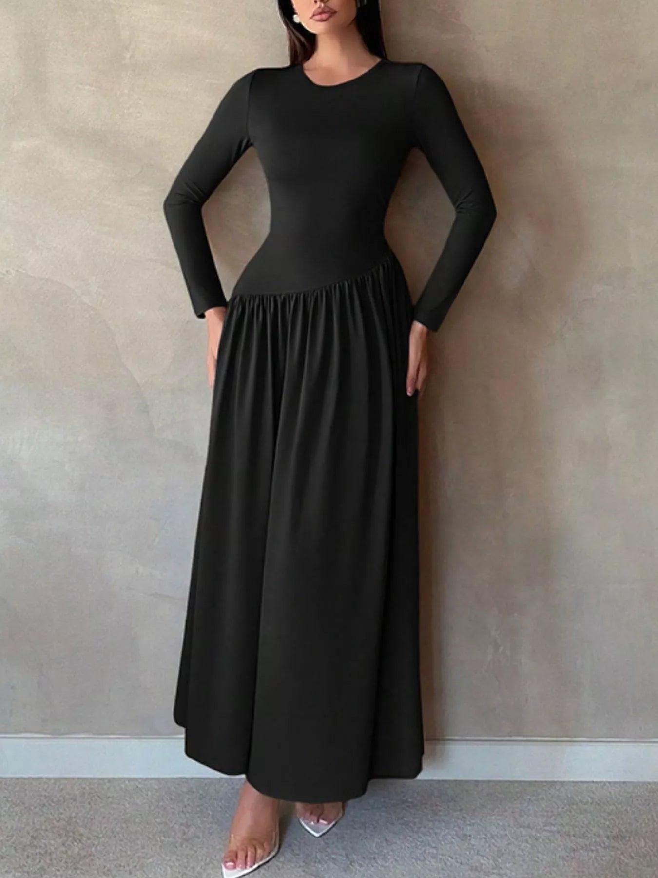 Sarah Express Women's Long Sleeve Ruched A-Line Maxi Dress