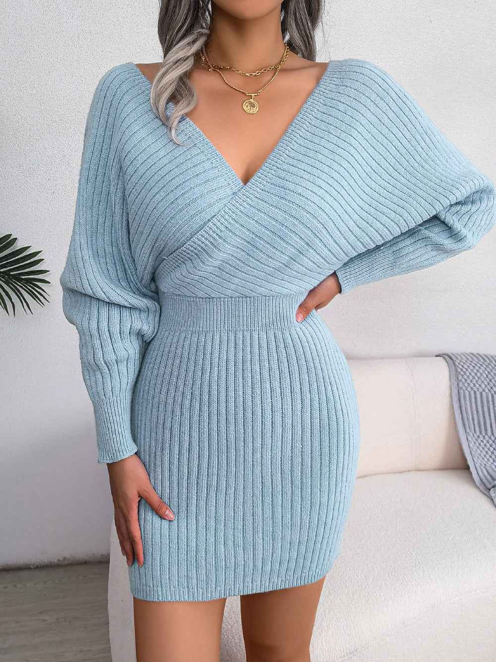 Sarah Express Women's Cross V-Neck Batwing Sleeve Bodycon Sweater Dress - High Waist Knit Dress