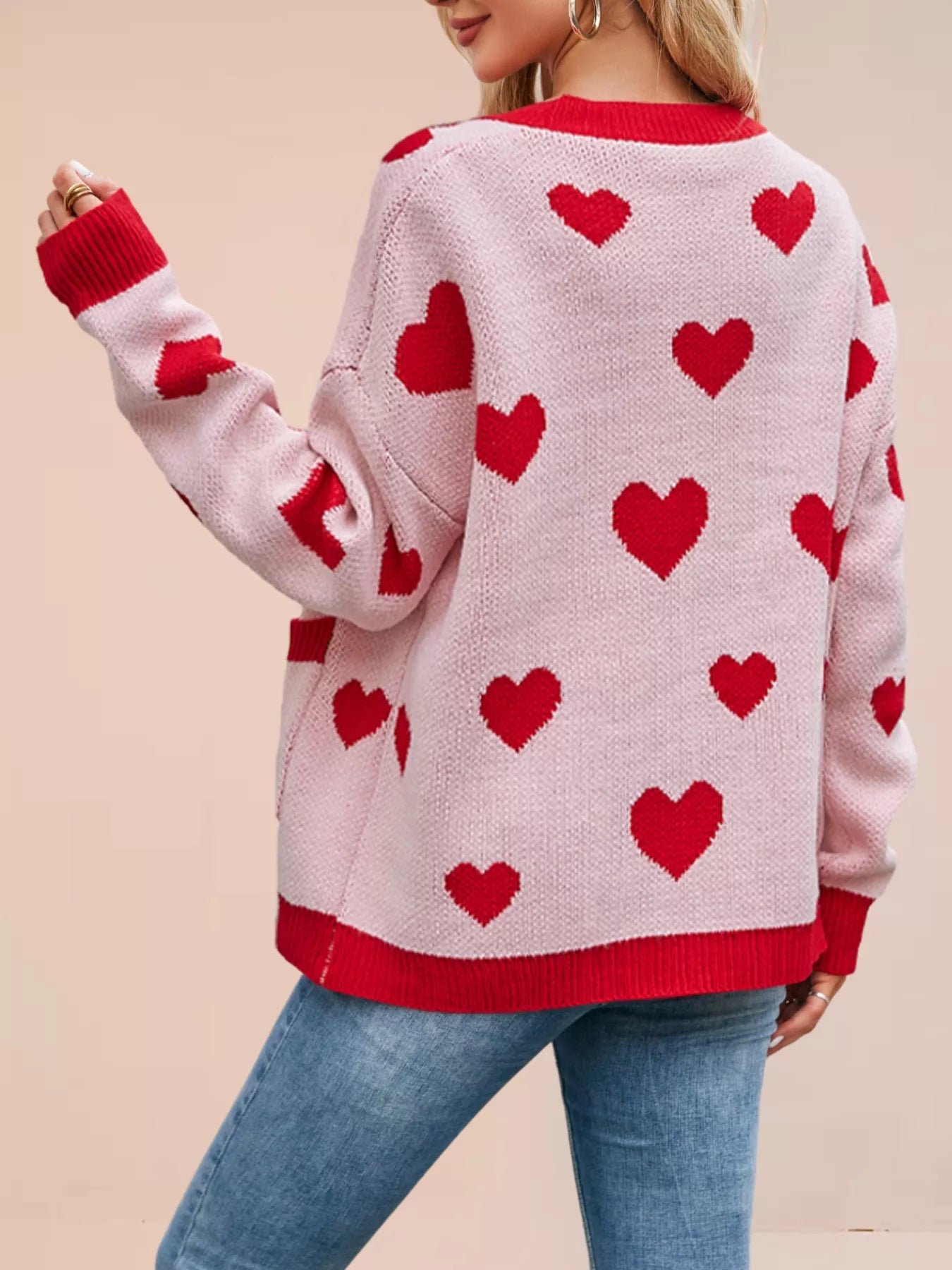 Sarah Express Women's Heart Pattern Button-Up Knit Cardigan