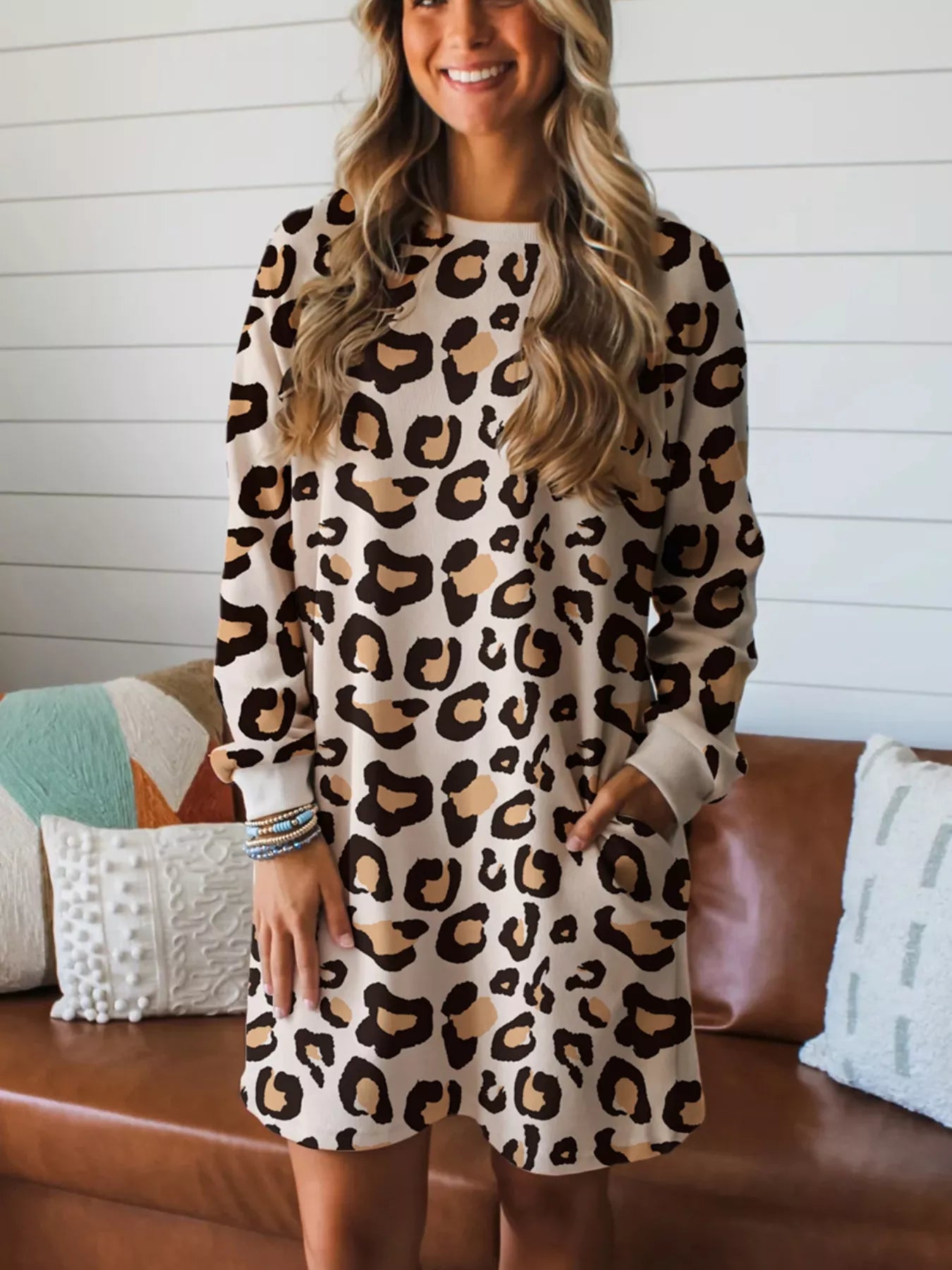 Sarah Express Women's Leopard Long Sleeve Casual Mini Dress