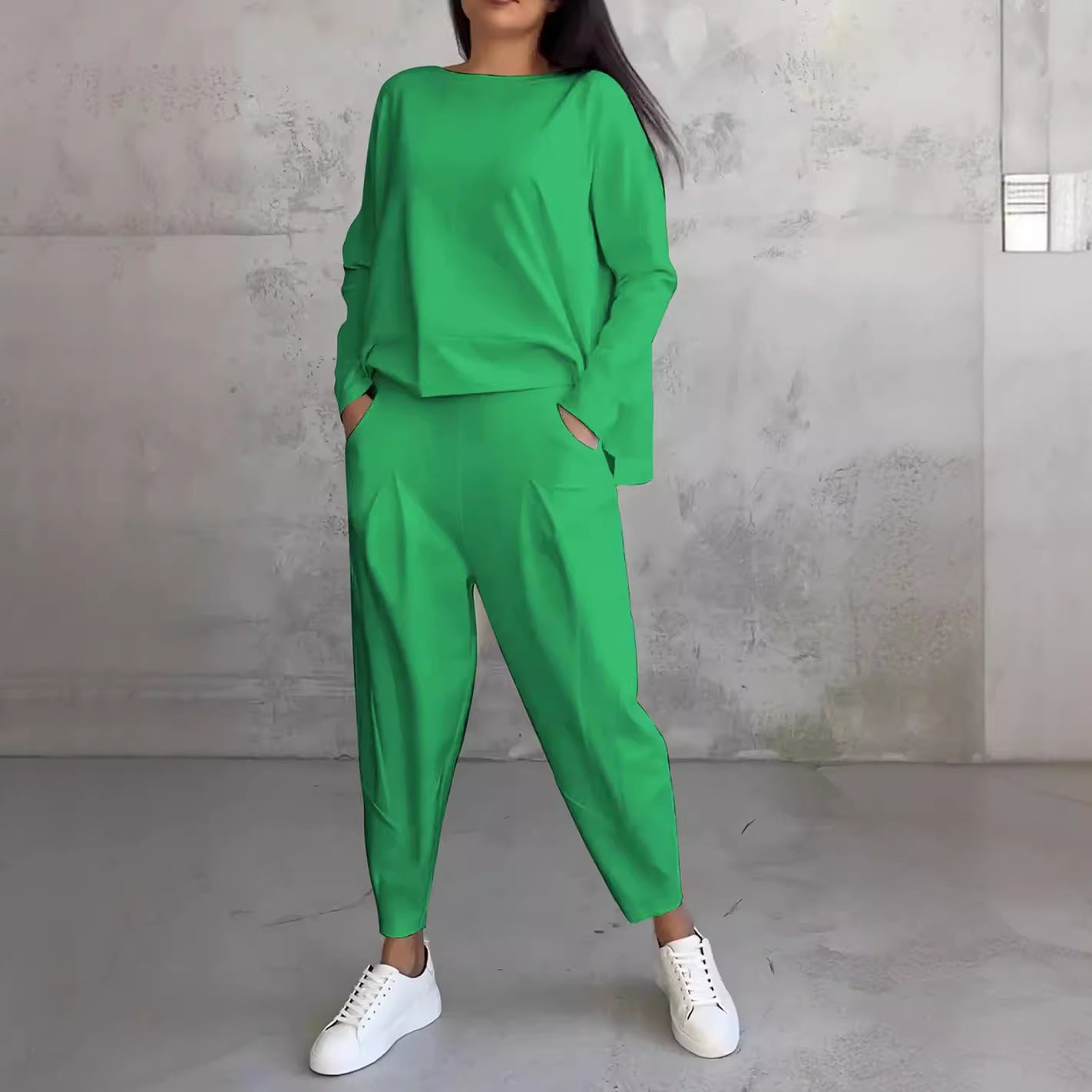 Sarah Express Women's Long Sleeve Round Neck Top and Harem Pants Two-Piece Casual Set