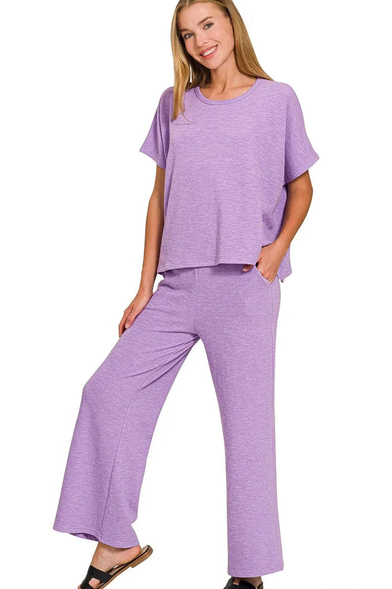 Sarah Express Women’s Slub Knit Lounge Set with Top and Wide Leg Pants