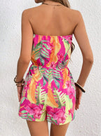 Sarah Express Women's Strapless Tropical Floral Romper High Waist Backless Vacation Jumpsuit