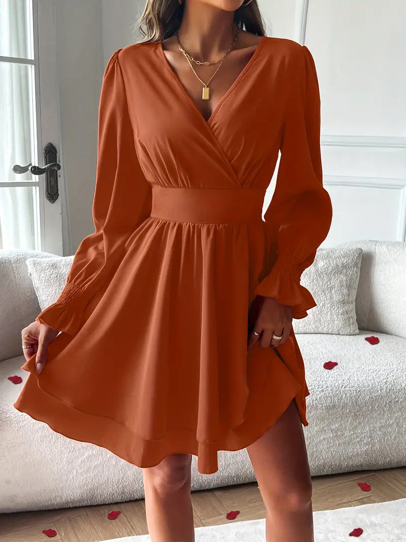 Sarah Express Women's V-Neck Long Sleeve Double Layer Skirt Work Dress