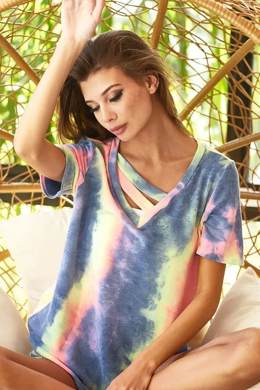 Sarah Express Women's Tie Dye Terry V Neck Top With Double Strap