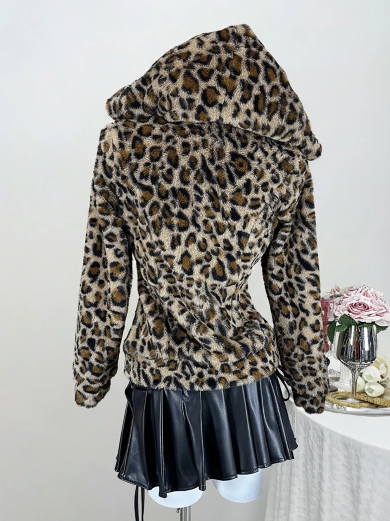 Sarah Express Women's Leopard Plush Zip-Up Hooded Jacket