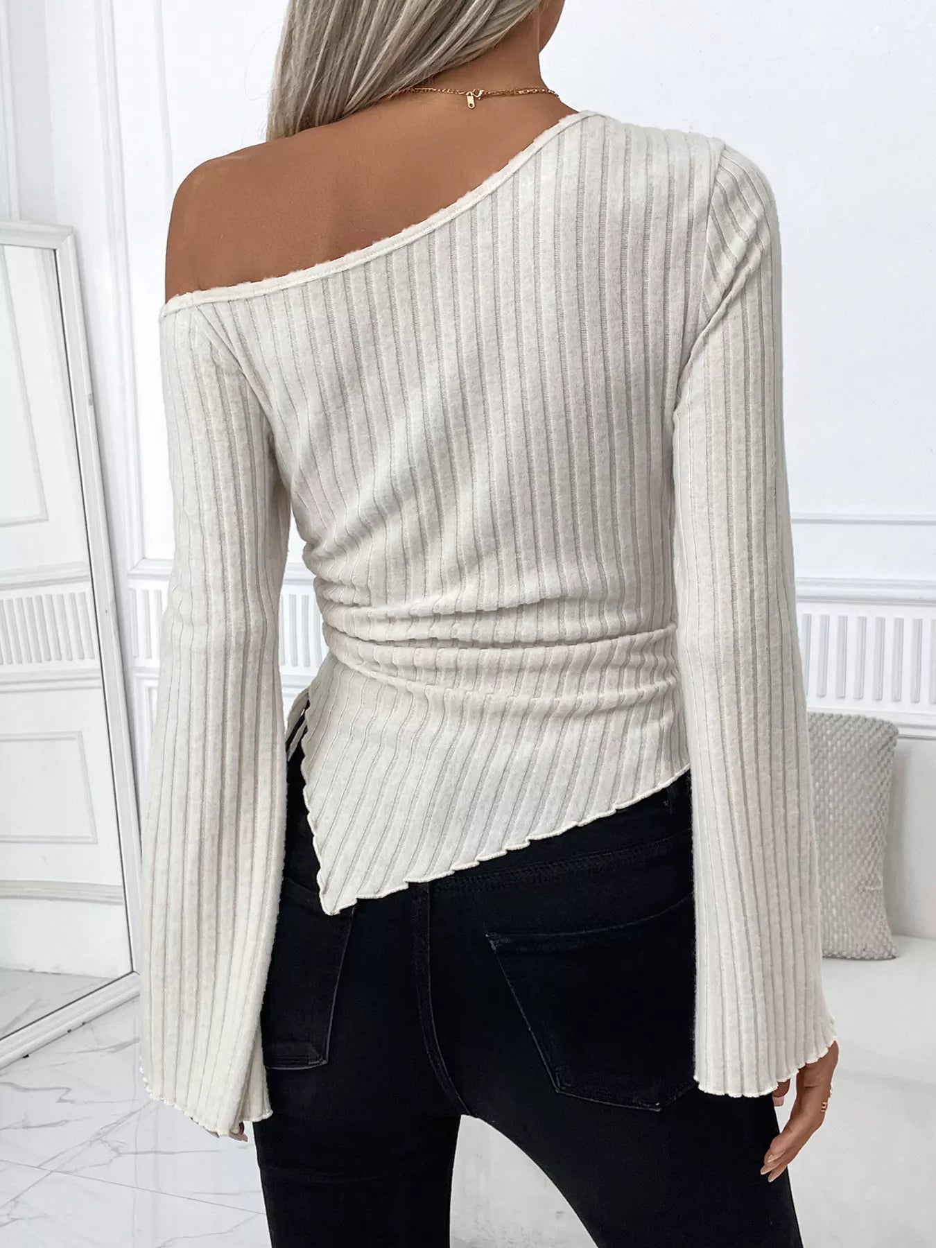 Sarah Express Women's Ribbed One Shoulder Asymmetrical Hem T-Shirt