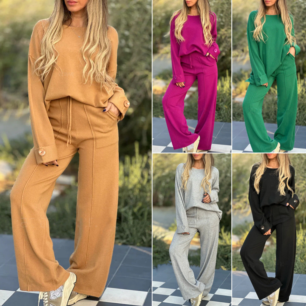 Sarah Express Women's Two-Piece Matching Set Long Sleeve Top Wide Leg Pants