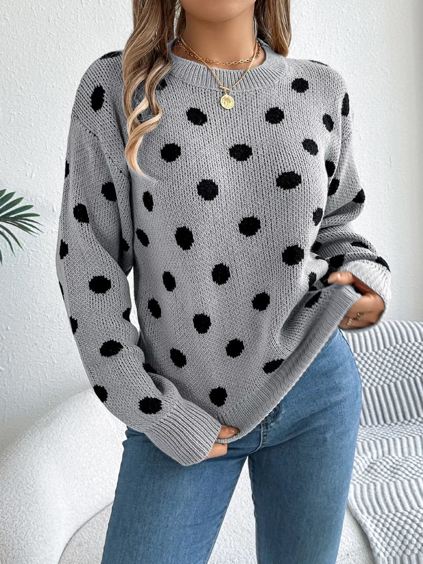 Sarah Express Women's Polka Dot Round Neck Sweater Gray