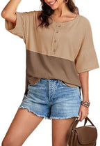 Sarah Express Women's Waffle Knit Short Sleeve Button Pullover Top