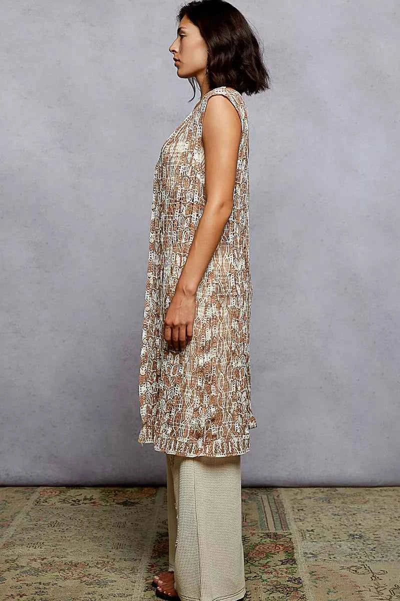 Sarah Express Women's Crochet Sleeveless Longline Cardigan with Metal Buttons - V-Neck Long Vest