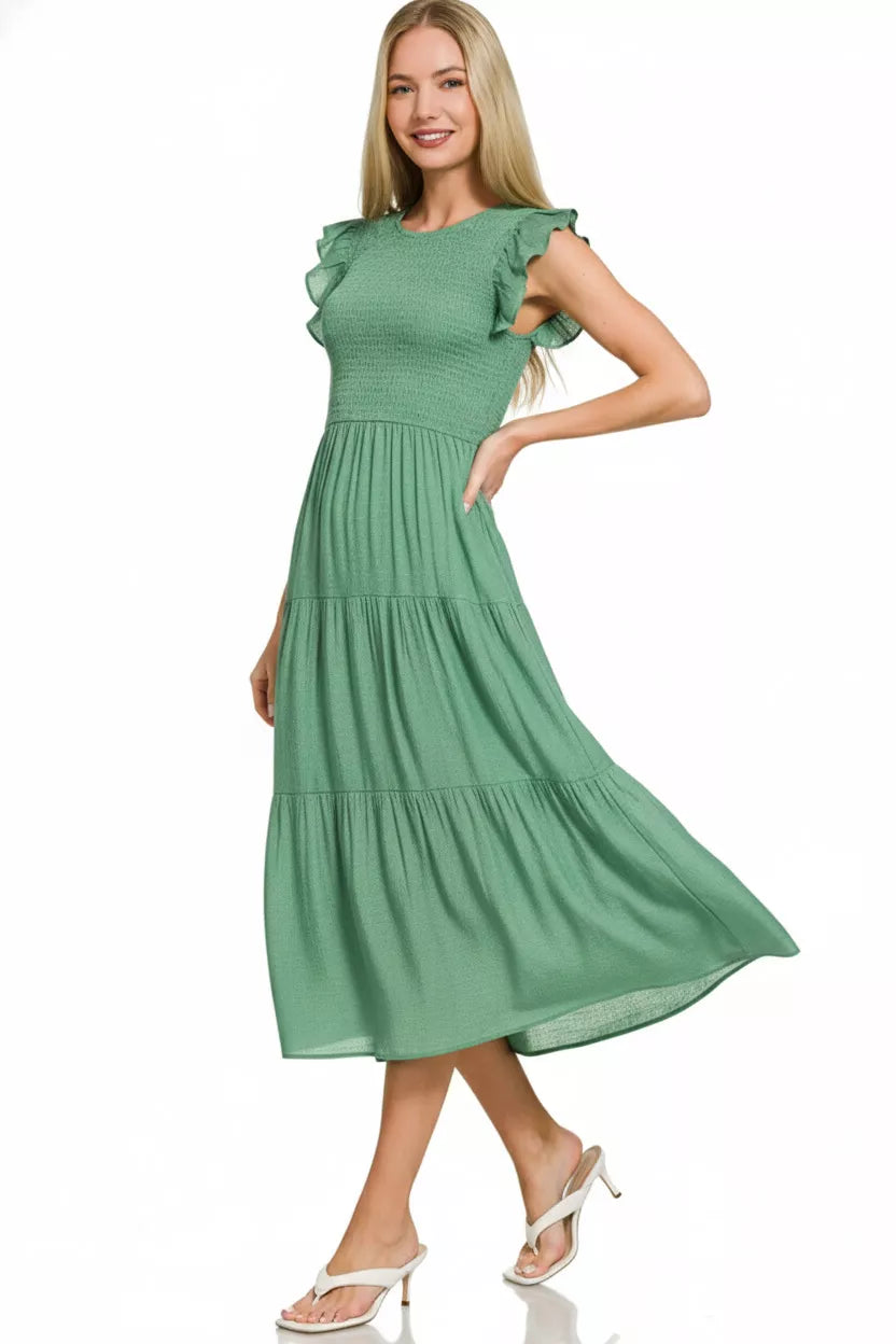 Sarah Express Women's Woven Smocked Ruffle Sleeve Midi Dress