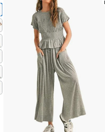 Sarah Express Pleated Top Wide Leg Pants 2-Piece Matching Set