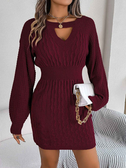 Sarah Express Women's Cable Knit Hollow Out Lantern Sleeve Bodycon Sweater Dress
