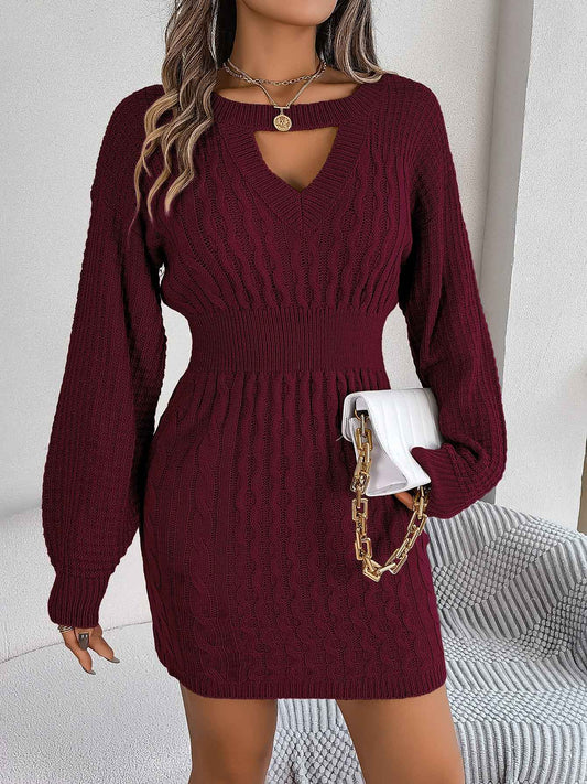 Sarah Express Women's Cable Knit Hollow Out Lantern Sleeve Bodycon Sweater Dress