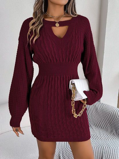 Sarah Express Women's Cable Knit Hollow Out Lantern Sleeve Bodycon Sweater Dress Burgundy