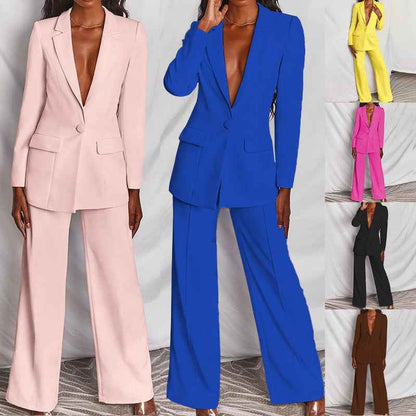 Sarah Express Women's Two Piece Blazer Suit Set - Lapel Button Down Jacket & Straight Leg Pants