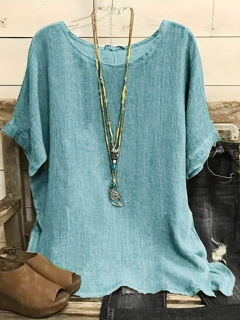 Sarah Express Women's Cotton Blend Round Neck Blouse 3/4 Sleeve Loose Fit Top