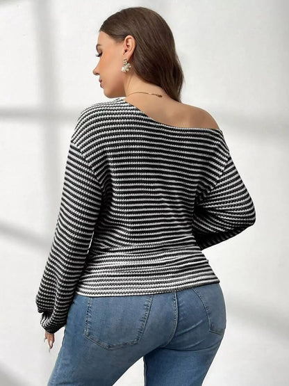 Sarah Express Women's Plus Size Striped One-Shoulder Long Sleeve T-Shirt