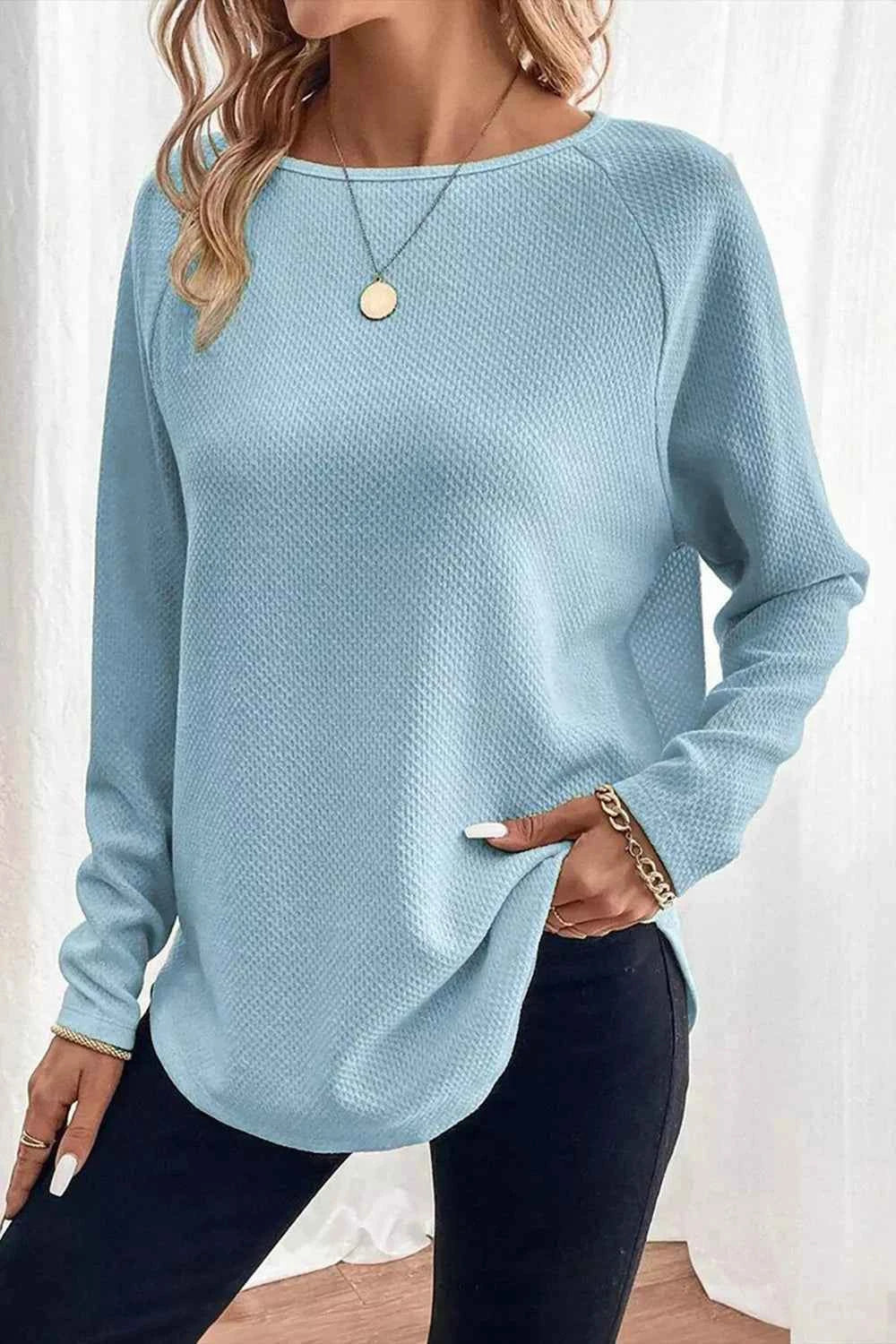 Sarah Express Women's Textured Raglan Sleeve Top - Casual Long Sleeve Knit Pullover Light Blue