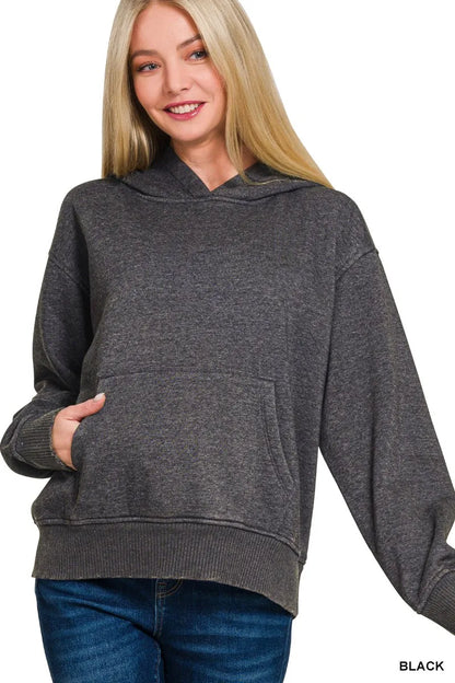 Sarah Express Women's Fleece Acid Wash Kangaroo Pocket Hoodie BLACK