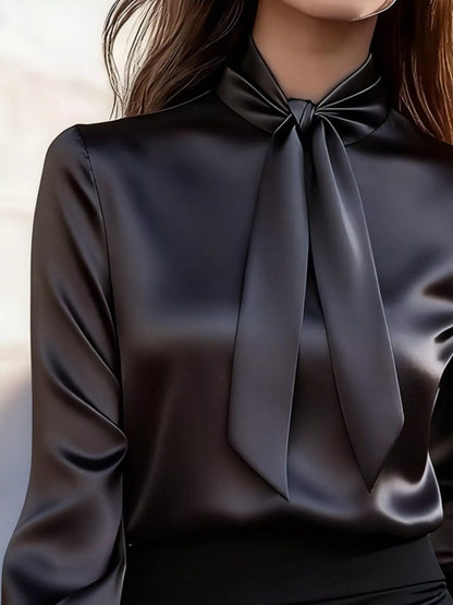 Sarah Express Women's Tie Neck Satin Long Sleeve Blouse