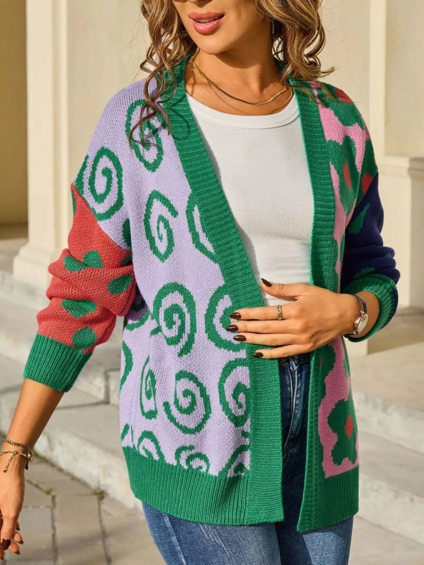 Sarah Express Women's Colorful Ribbed Open Front Cardigan - Multicolor Striped Knit Sweater