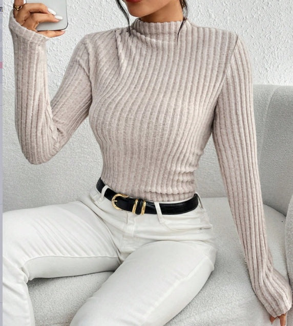 Sarah Express Ribbed Mock Neck Bodysuit Women's Long Sleeve Knit Jumpsuit Slim Fit Top