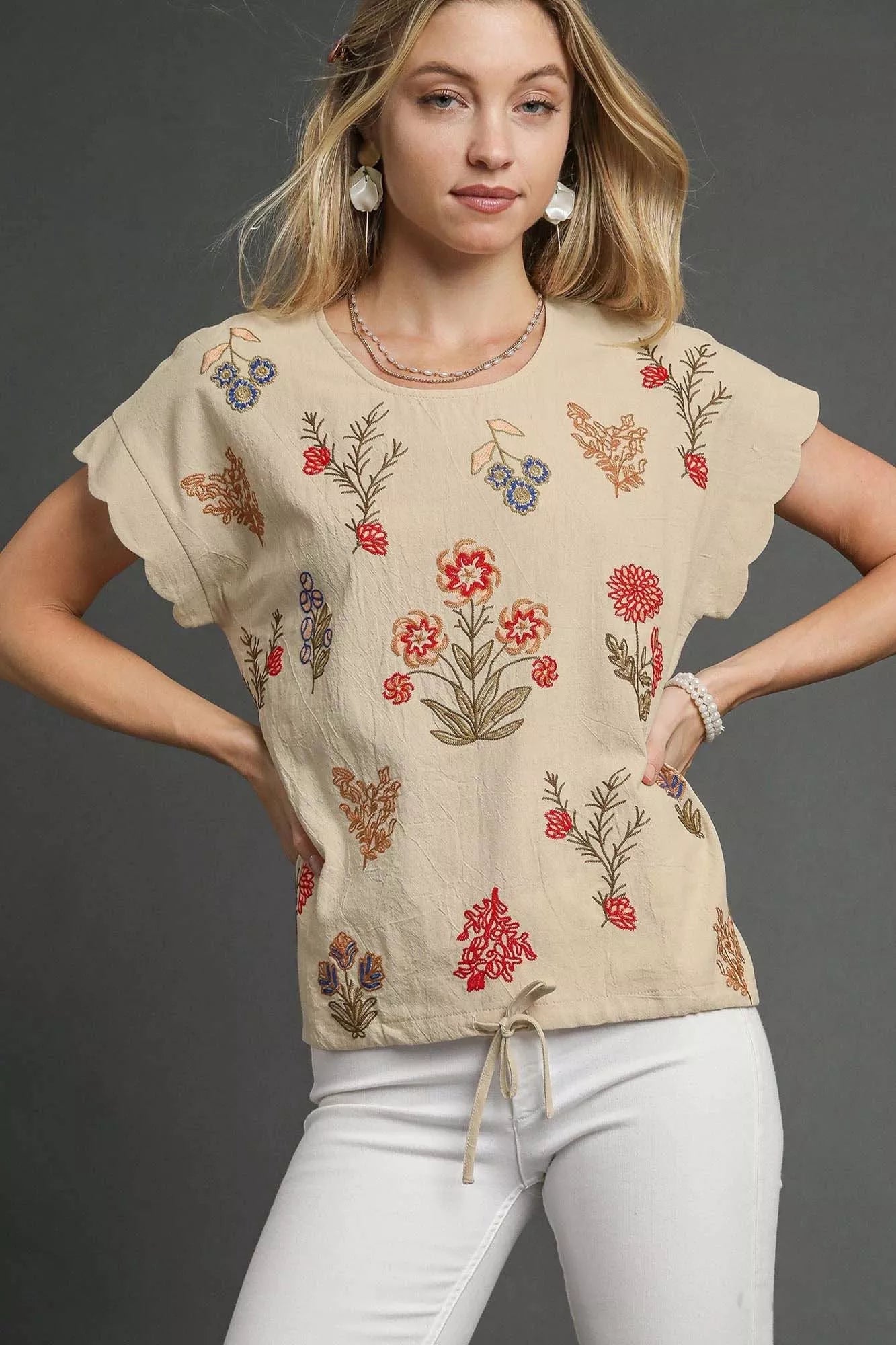 Sarah Express Women's Embroidered Scallop Sleeve Top with Drawstring Hem OATMEAL