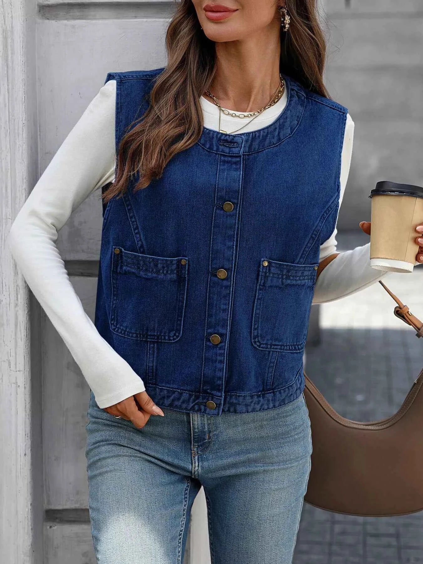 Sarah Express Women's Button-Down Denim Vest - Sleeveless Pocketed Chambray Vest Navy